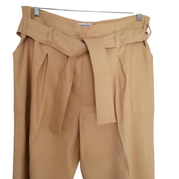 Calvin Klein Women's Tan Belted High Waist Pleated Linen Blend Pants Sz 12 - Picture 7 of 11